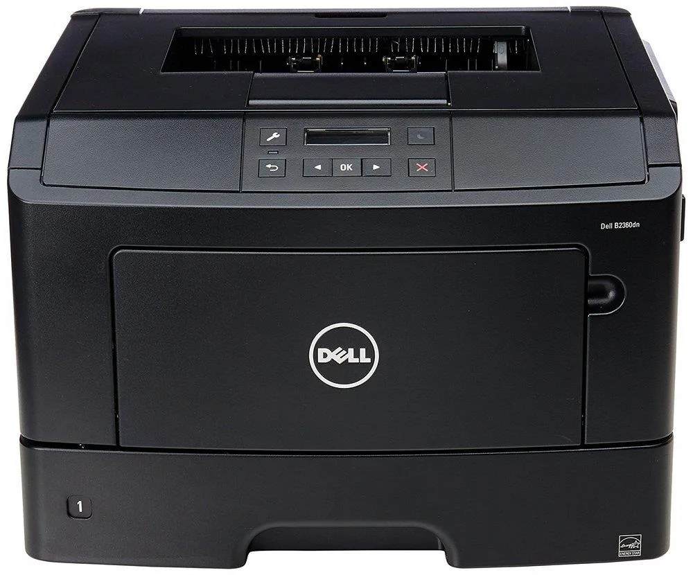 White rectangular monochrome laser printer with front paper tray and control panel
