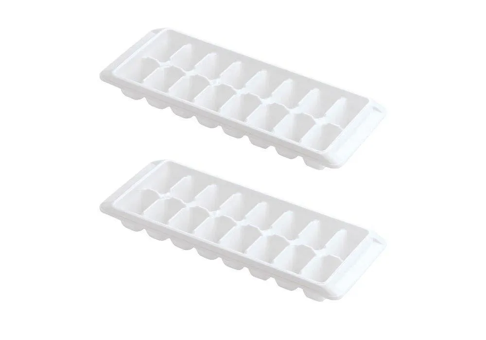 Two white rectangular plastic ice cube trays, each with sixteen compartments, stacked together