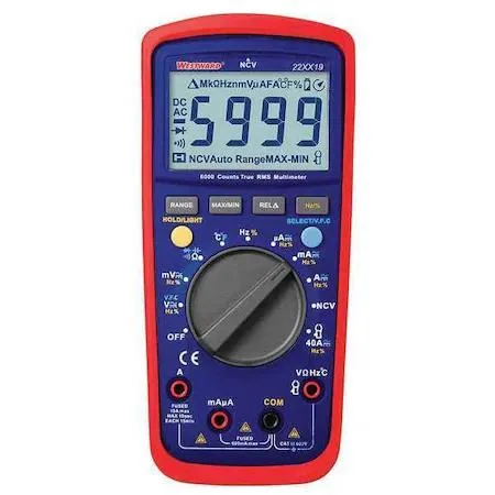 Yellow handheld digital multimeter with LCD display and rotary selector switch