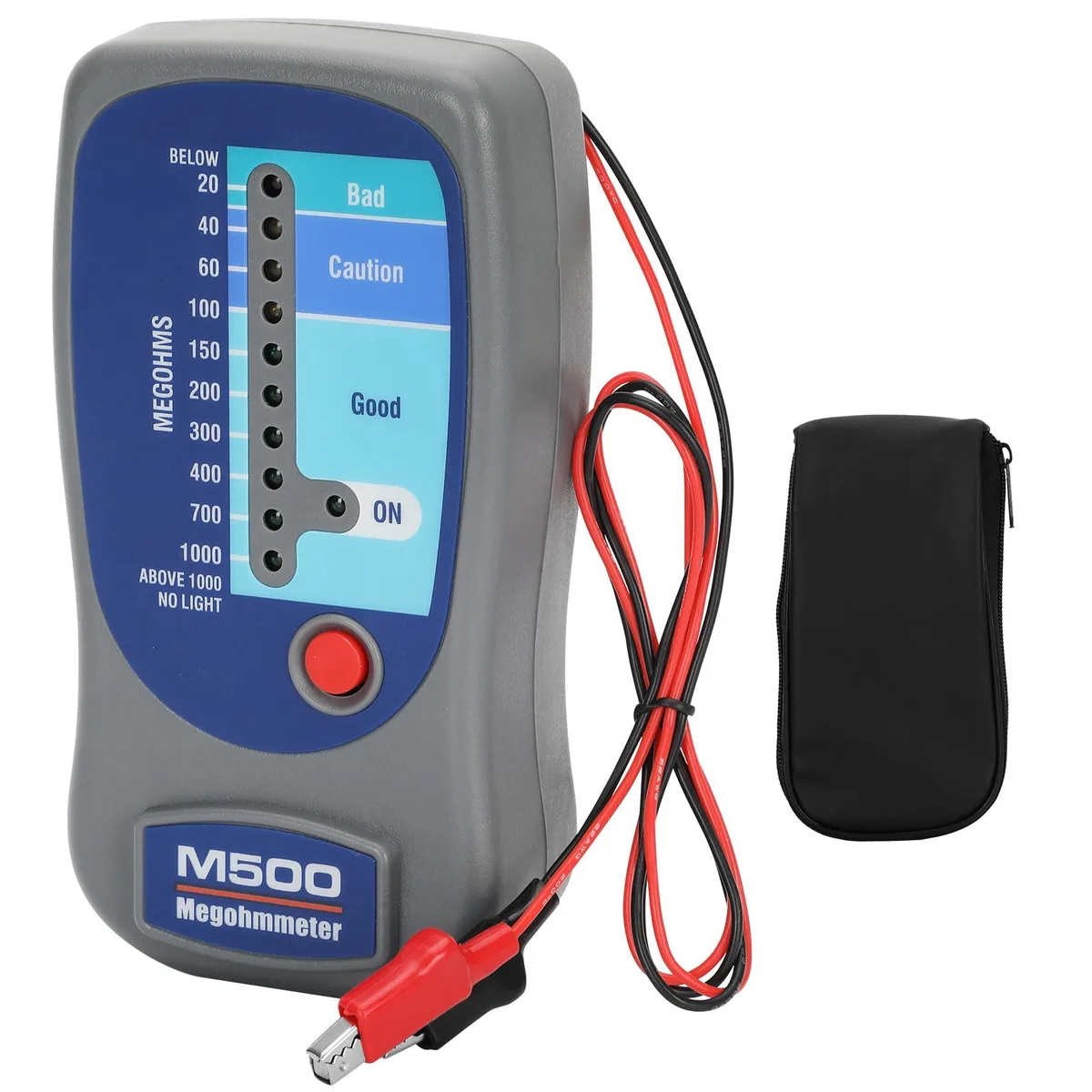 Yellow handheld insulation tester with display and test leads in soft case