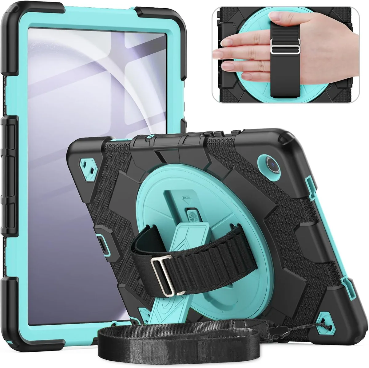 Light blue protective tablet case with rotating stand and straps