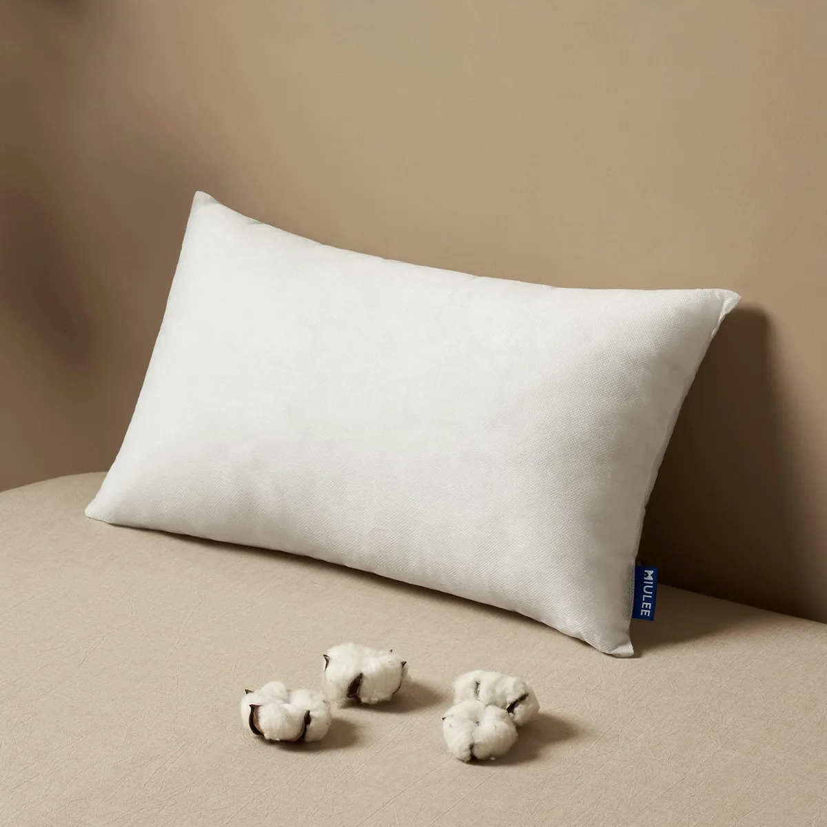 White rectangular pillow insert, 12 by 20 inches, soft fluffy finish