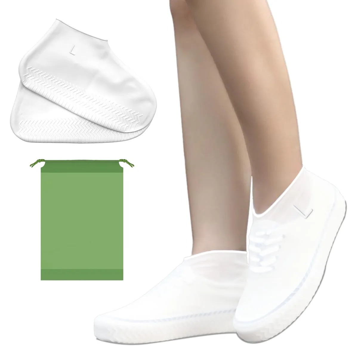 Two pairs of white silicone shoe covers with storage bag
