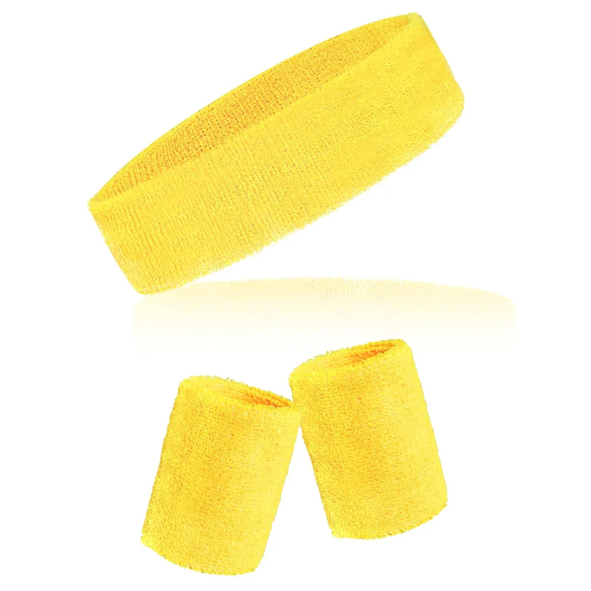 Neon yellow sweatband set: one headband and two wristbands with red white blue stripes