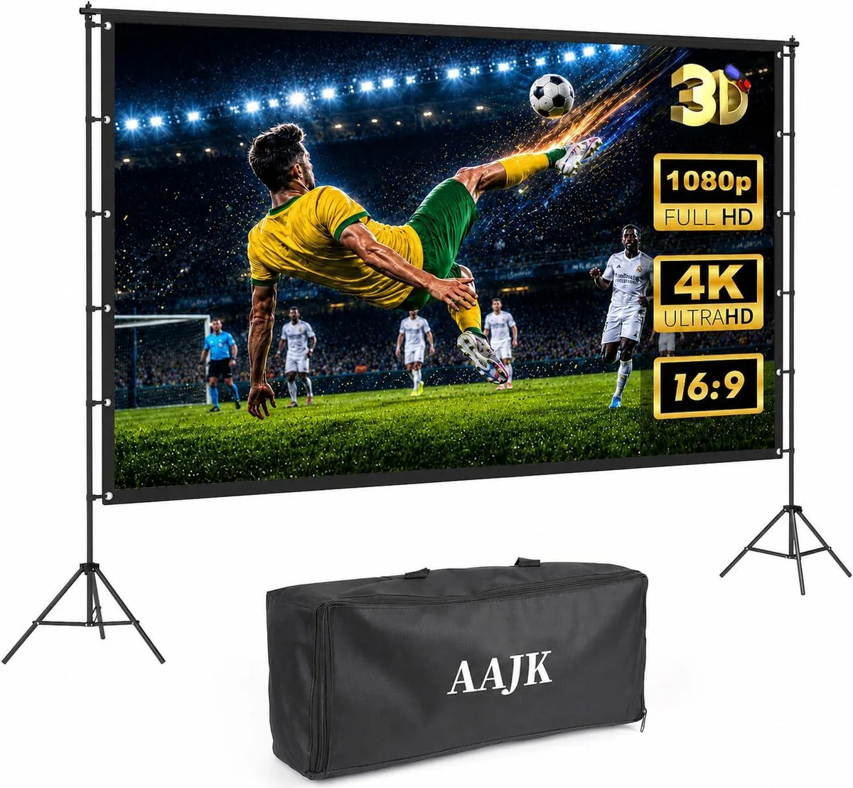 AAJK 100 inch projector screen on tripod stand, white polyester surface, carry bag included