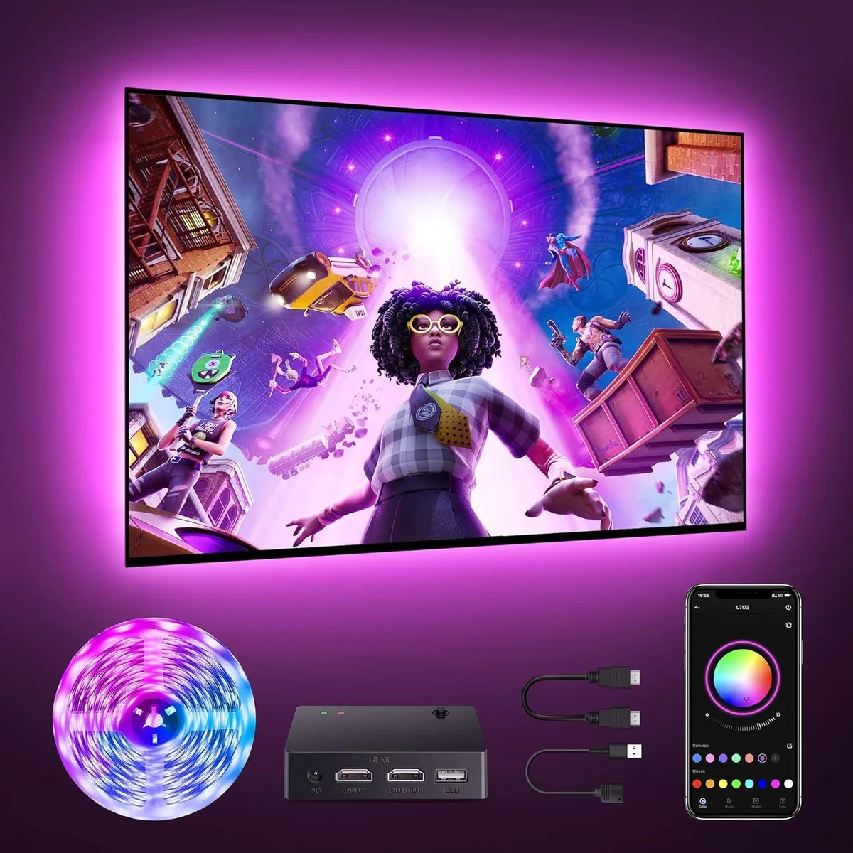 Black LED strip kit with HDMI sync box, 32.8ft length for 55-85in TVs