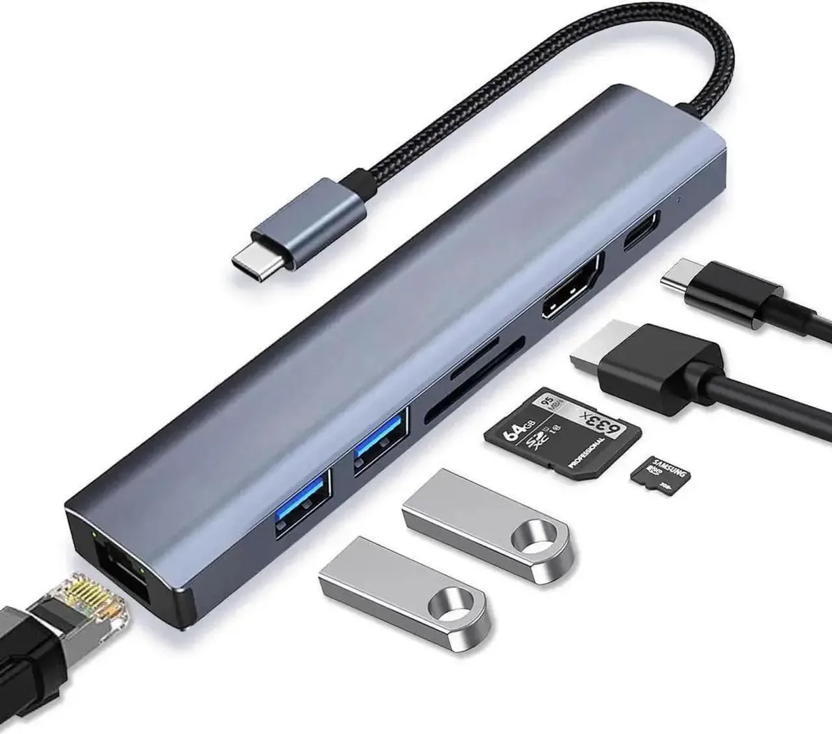 SMUGDESK SMUGDESK 7-in-1 USB-C Hub Aluminum 4K HDMI Gigabit Ethernet Dual USB 3.0 SD TF 100W PD — product photo