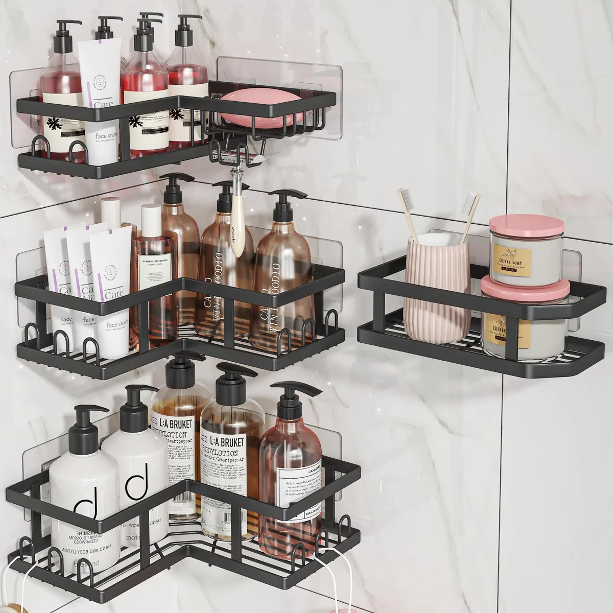 Corner shower caddy, adhesive mount, rustproof finish, four shelves and hooks