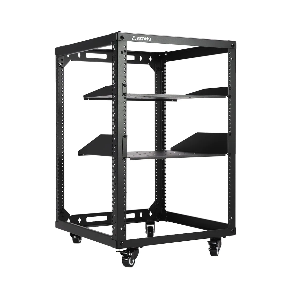 AEONS AEONS 15U 19-inch 4-Post Open Frame Rack with Casters and Vented Shelves Black — product photo