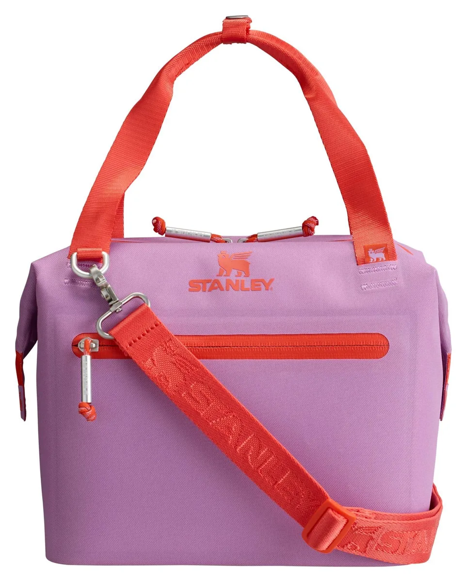Lilac rectangular soft cooler bag with zippered hinged top, snap handles and detachable strap
