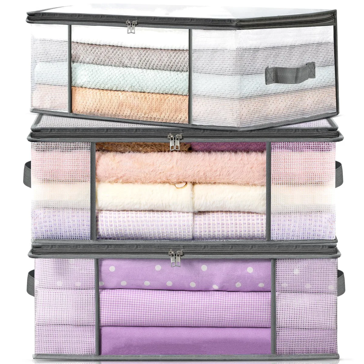 Three foldable 35L storage bins with clear front windows and reinforced handles