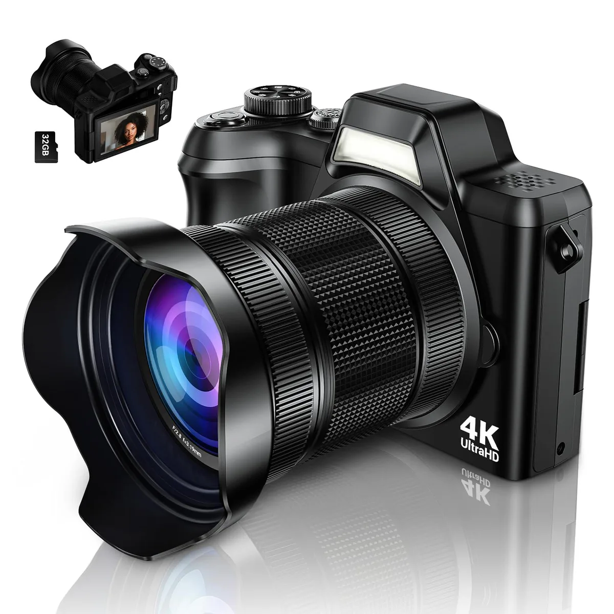  Krlun DC13-Black B 56MP DSLR camera 2.4" 180° flip 16X zoom 32GB card — product photo