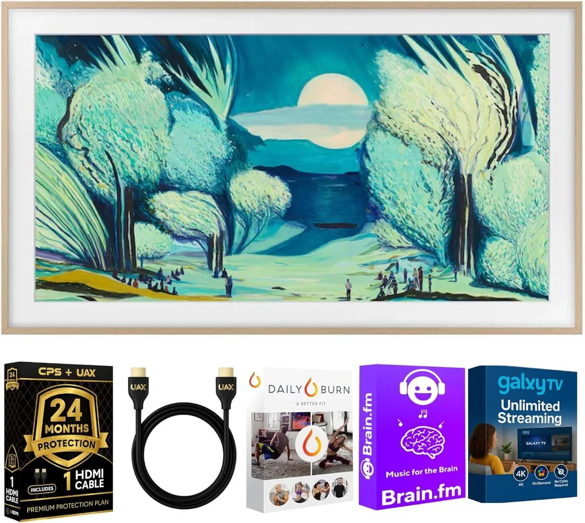 Samsung 50 inch QLED TV with modern teak bezel frame