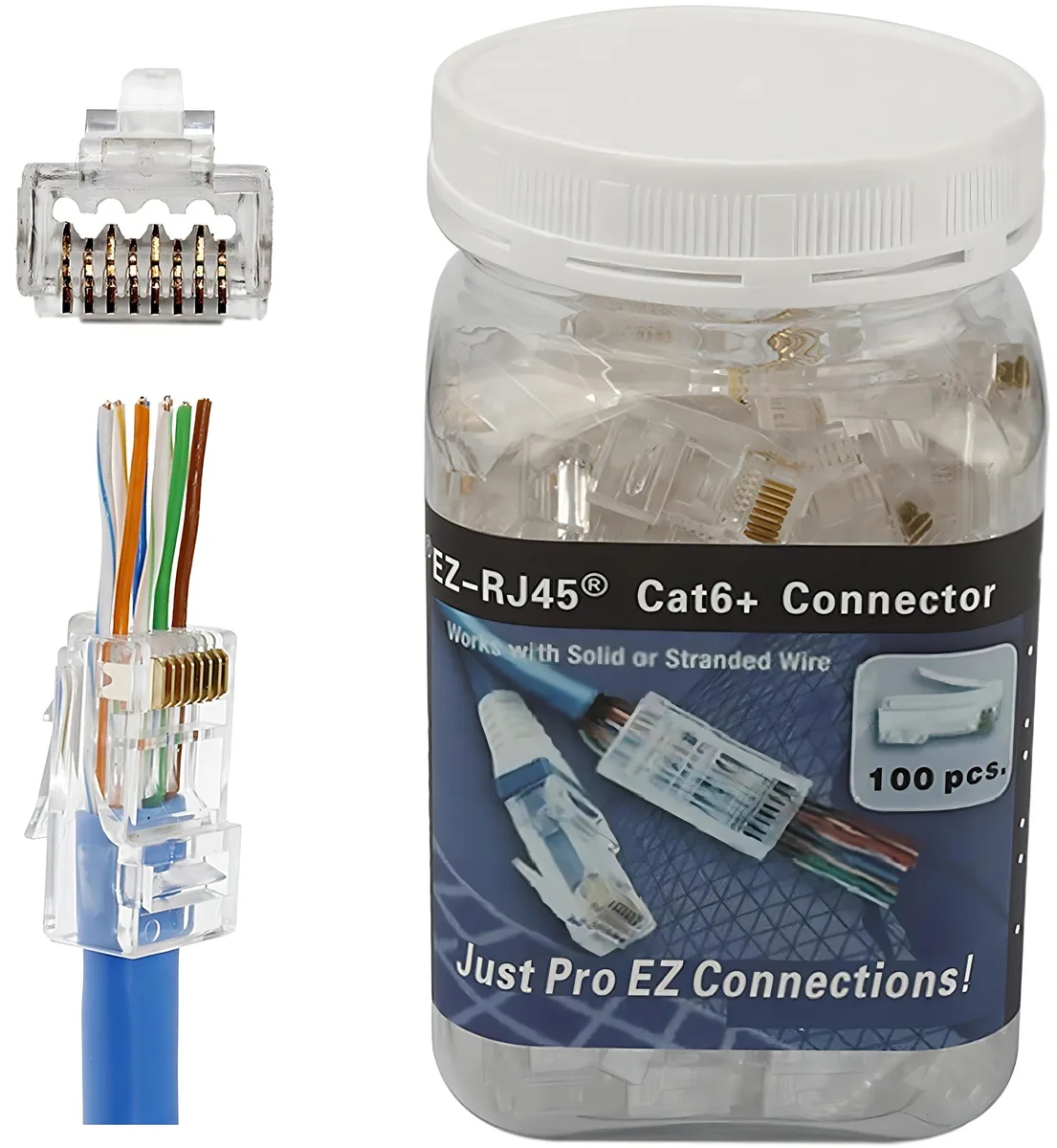 Clear plastic jar holding one hundred gold RJ45 pass-through connectors