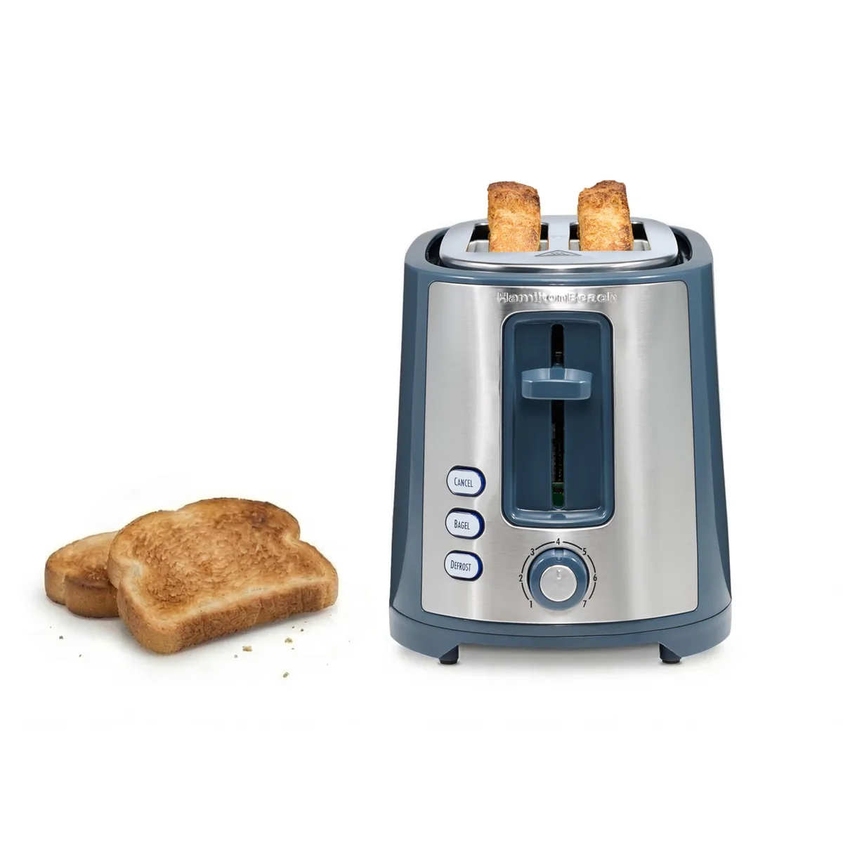 Blue two-slice toaster with extra-wide slots and bagel defrost buttons