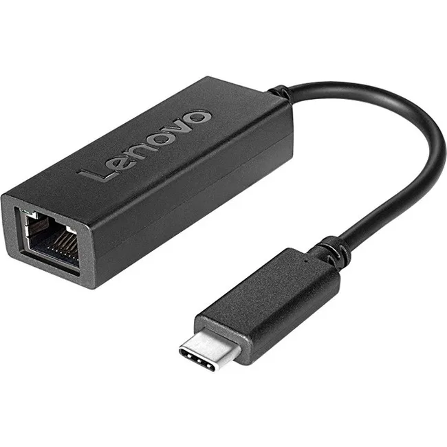 Compact black USB-C to Ethernet adapter, rectangular with short cable