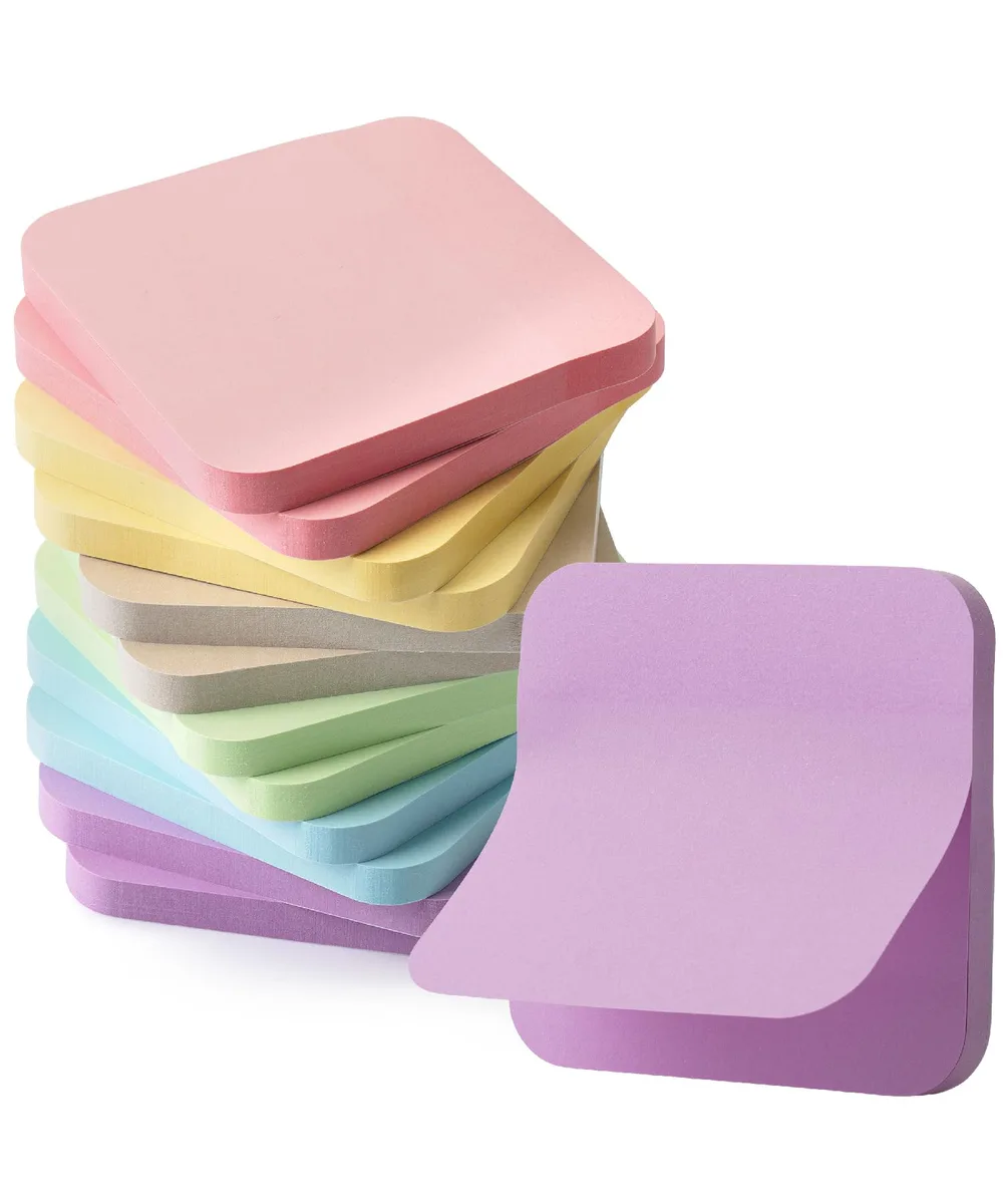 Stack of twelve square pastel sticky-note pads with rounded edges