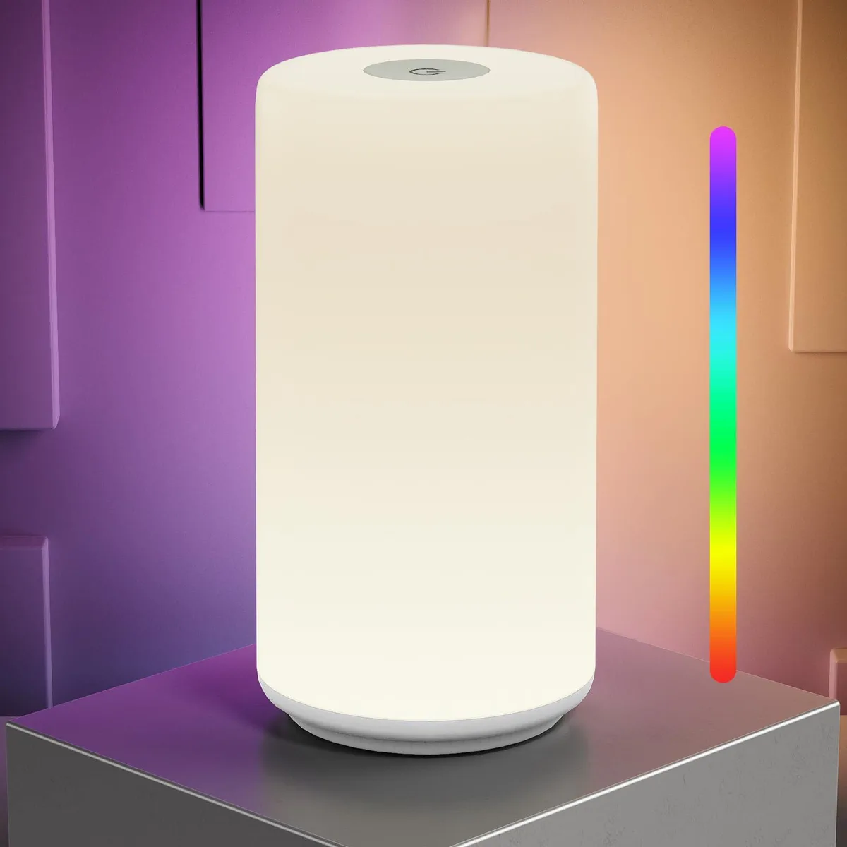 White cylindrical table lamp with smooth shade and touch control top