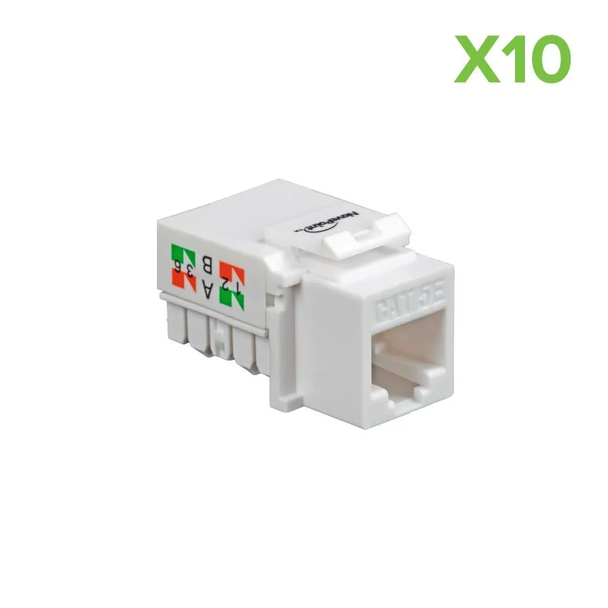 Ten white right-angle CAT5e keystone jacks with gold contacts