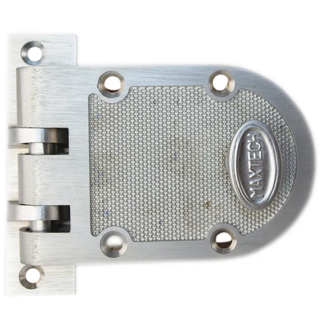 Satin chrome deadbolt lock with flat strike and brass cylinder