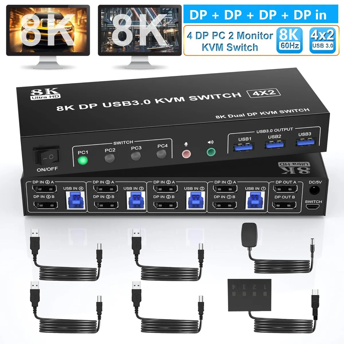 Hitoor Hitoor 8K@60Hz 4K@144Hz DP 1.4 4-Port 2-Monitor KVM Switch — product photo