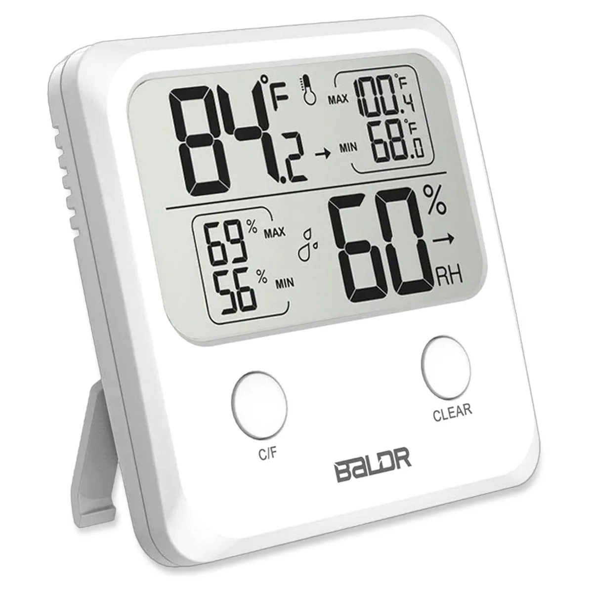 White rectangular digital thermometer hygrometer with large LCD display showing temperature and humidity readings