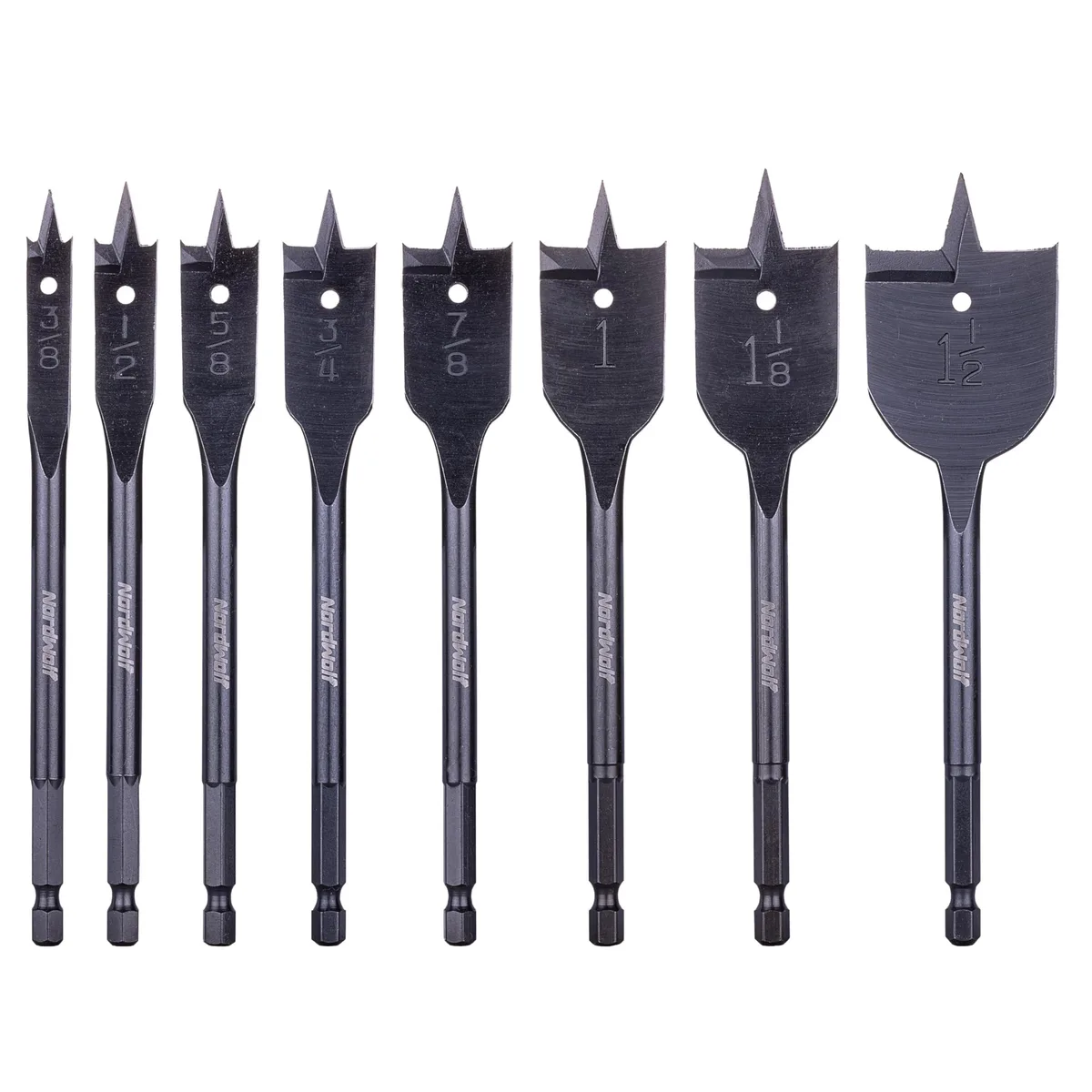 Eight silver spade bits in a clear plastic case