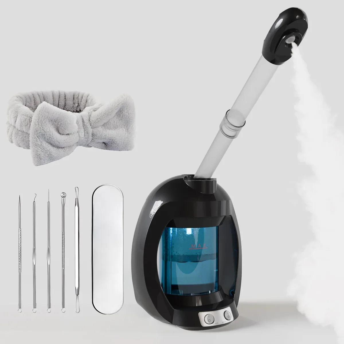 Black tabletop facial steamer with flexible tube and water tank