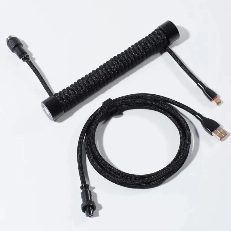 Black coiled USB-C aviator cable with 30cm coil and 150cm straight section, braided finish, male-to-male connectors