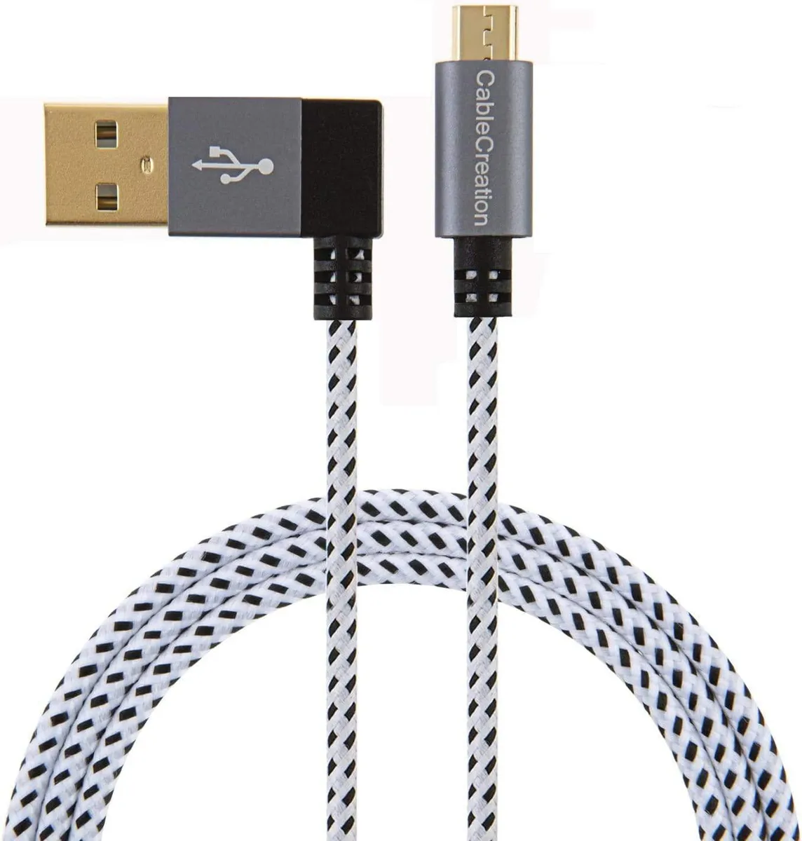 Two braided micro USB cables with right-angle aluminium connectors in space grey