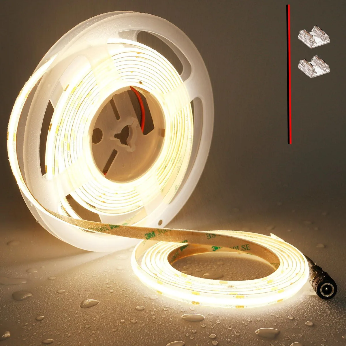 Warm white COB LED strip on 16.4ft reel, 8mm wide, silicone coated, IP65 waterproof, 12V, 480 LEDs per metre