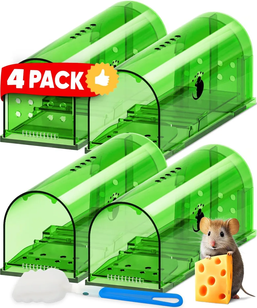 Four rectangular plastic humane mouse traps in light grey with clear doors and ventilation holes