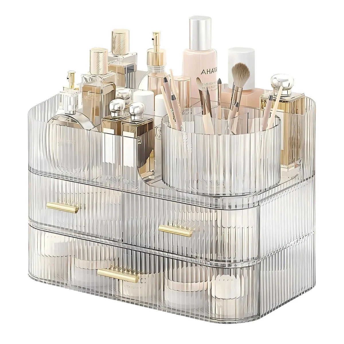 Clear rotating makeup organizer with drawers and brush holder