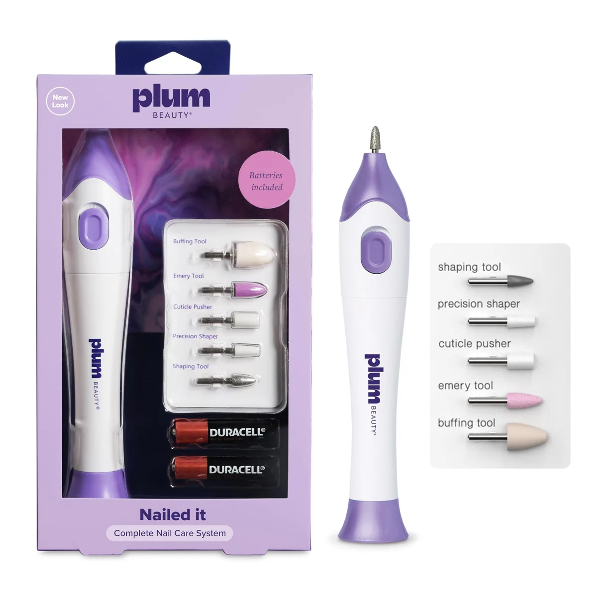 White cordless nail drill pen, 1.7 by 4.5 by 7.9 inches, with attachments