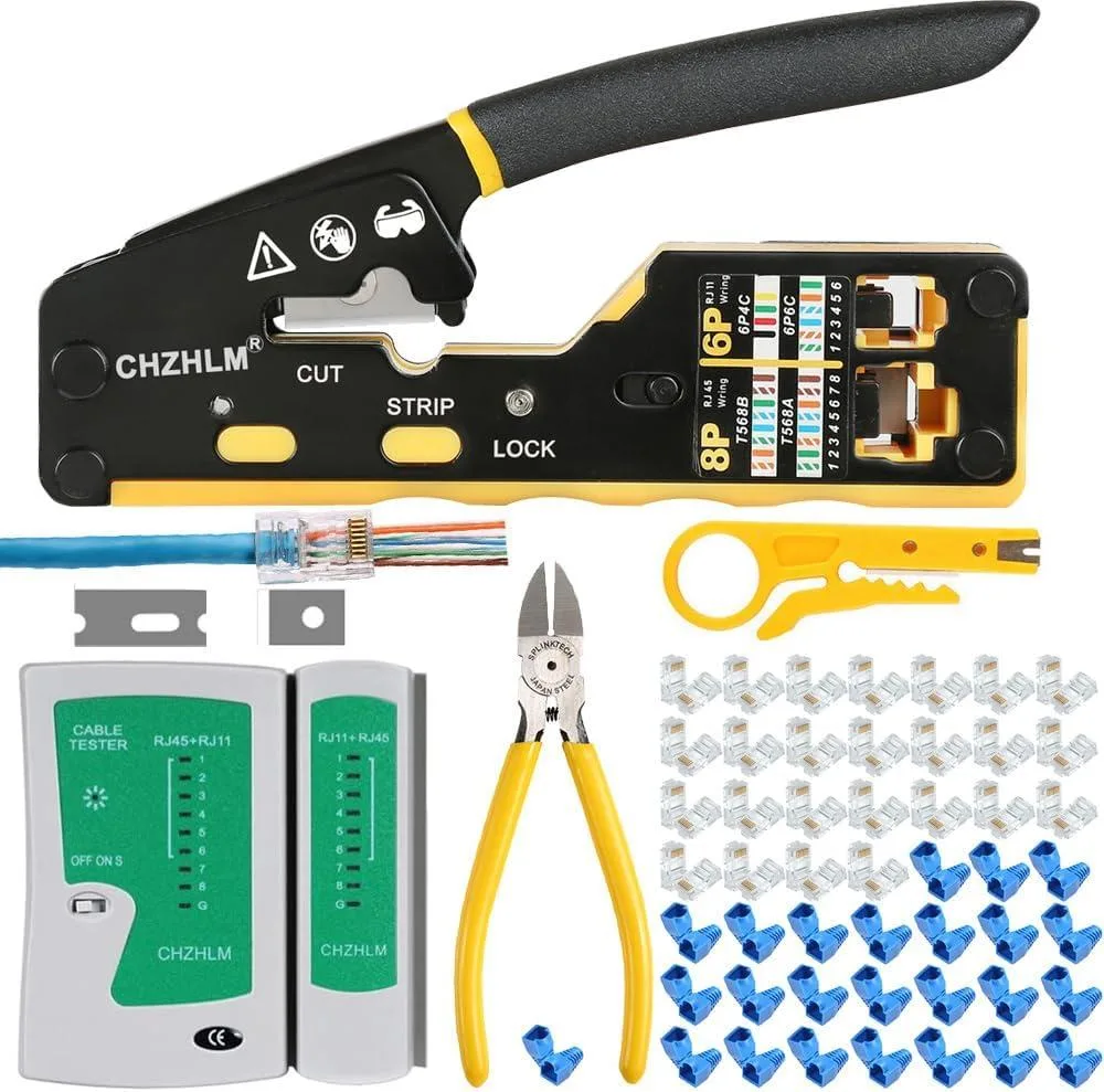 BFKK BFKK RJ45 Crimping Tool Kit Pass Through Crimper Stripper Cutter 50Pcs Connectors 50Pcs Covers — product photo