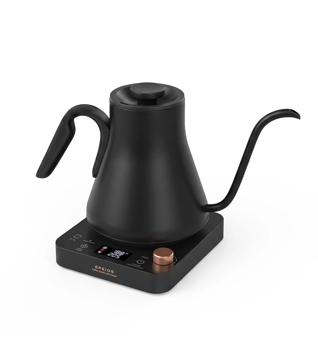 Black 0.9 L gooseneck electric kettle with LED display and ergonomic handle