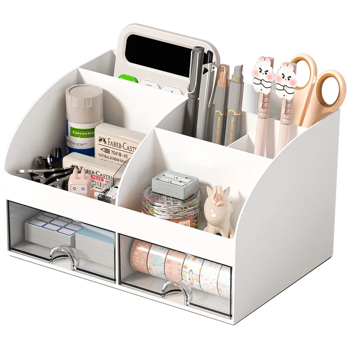 White plastic desktop organiser with six open compartments and two transparent drawers