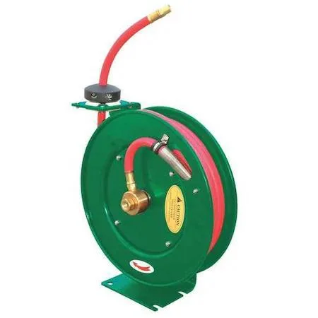 Red rubber hose on open steel spring-return reel 35 ft 3/8 in