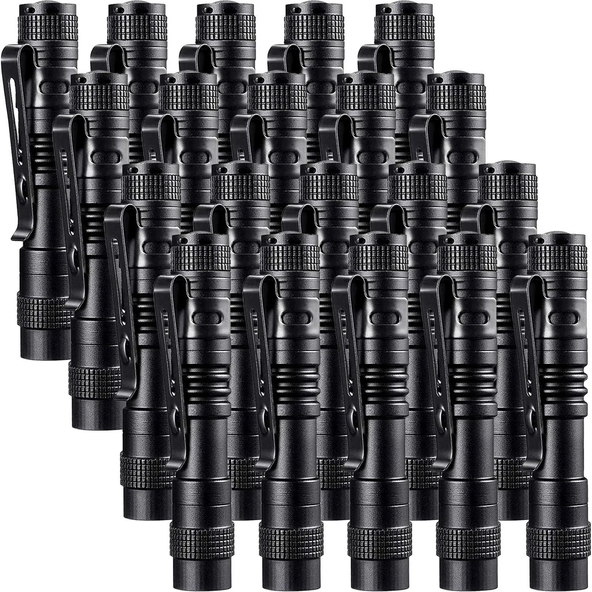 Twenty black aluminium penlights with clips, each 3.5 inches long