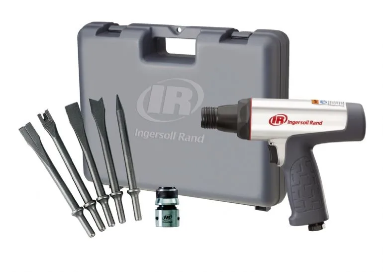 Red short-barrel air hammer with ergonomic grip, quick-change retainer, five chisels in fitted case