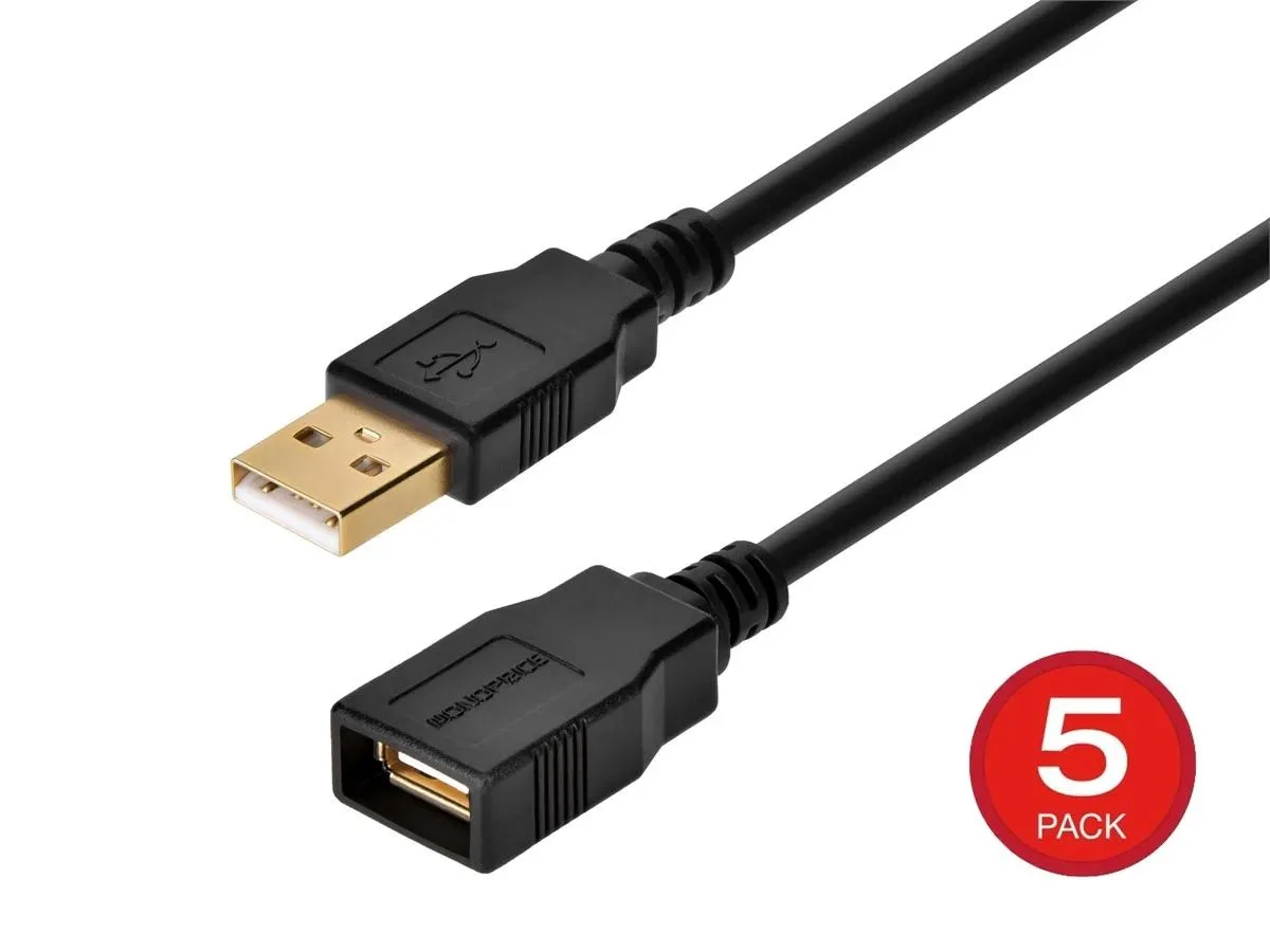 Monoprice Inc. Monoprice 139924 USB 2.0 Type-A Male to Female Extension Cable 3.00 ft 5 Pack 28/24AWG — product photo