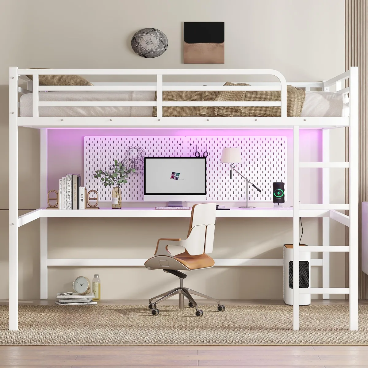 White metal queen loft bed frame with integrated desk, LED lighting and power outlet, off-white finish