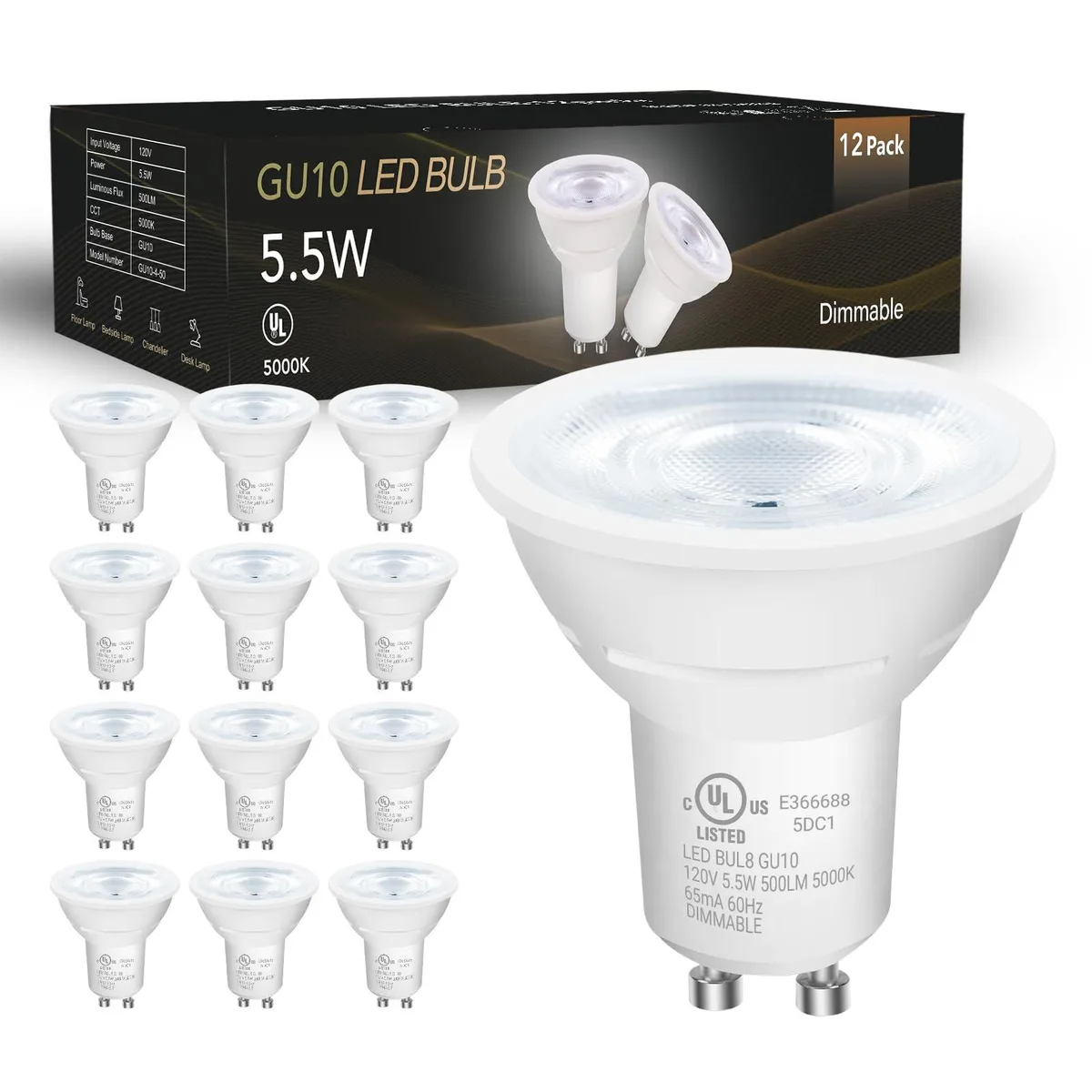 Twelve GU10 LED bulbs in white MR16 finish
