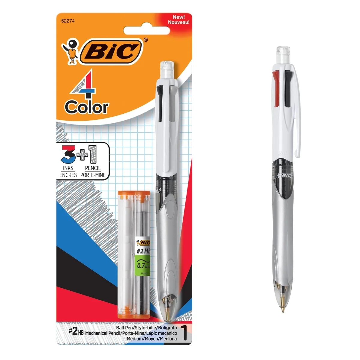 Blue retractable multi-pen with three ink colours and a mechanical pencil
