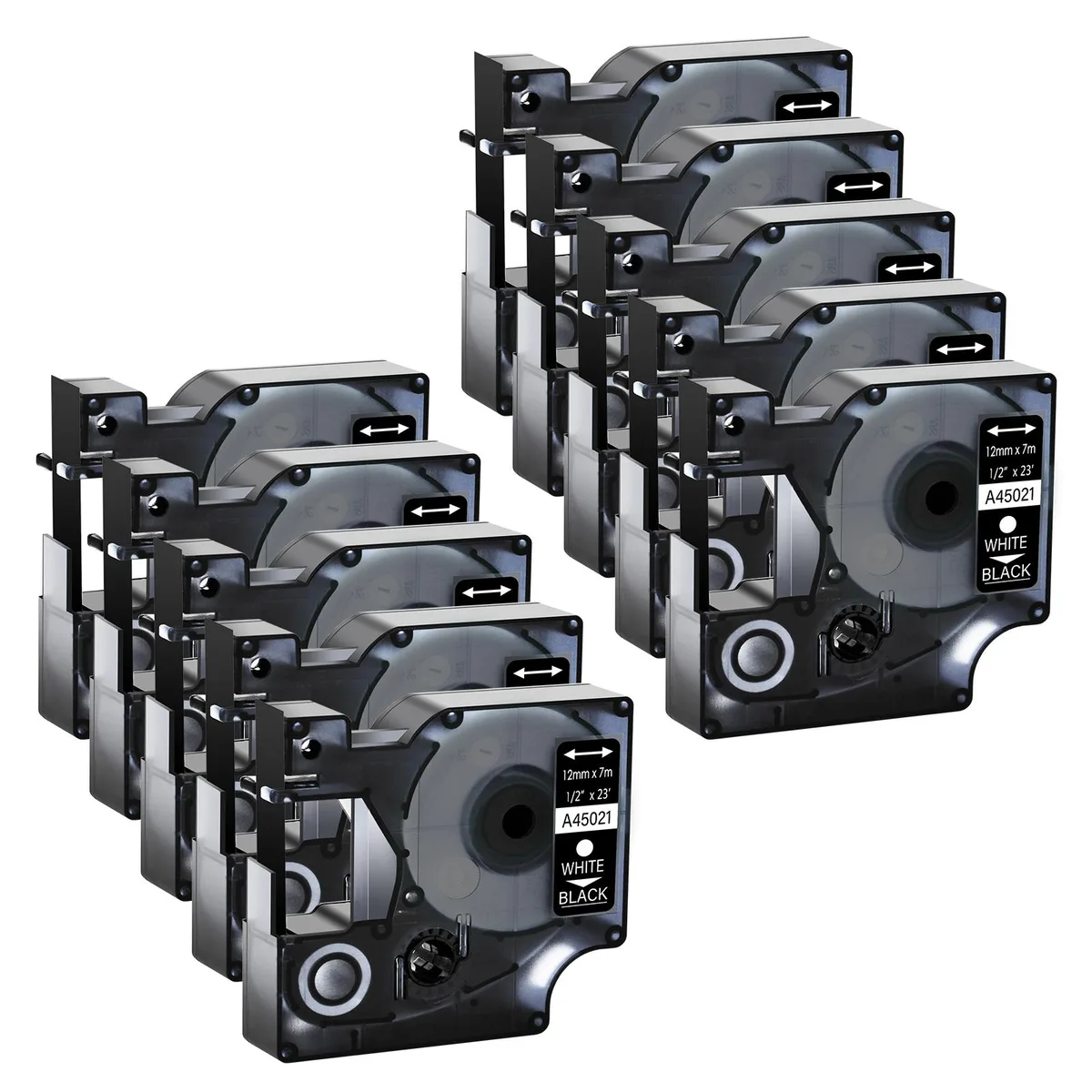 GREENCYCLE GREENCYCLE 10 Pack D1 Label Tape 12mm White on Black 23ft — product photo
