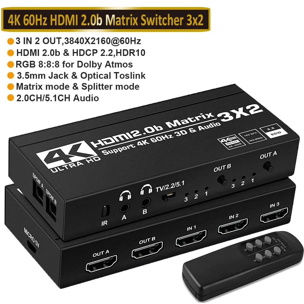 ESTONE ESTONE OZJ5 HDMI Matrix 3x2 4K@60Hz 18.5Gbps Black — product photo
