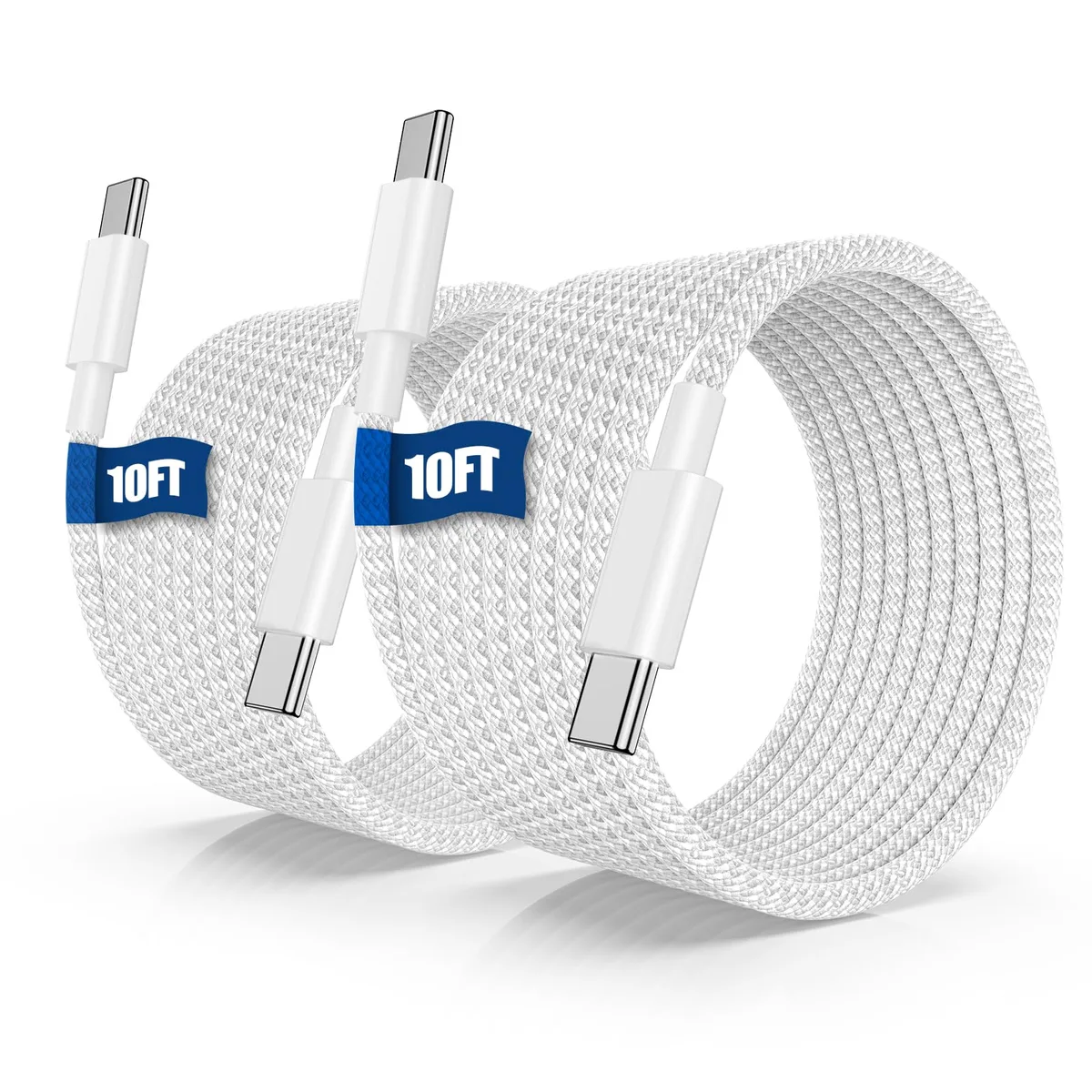 White braided USB-C to USB-C cable, ten feet long, male connectors both ends