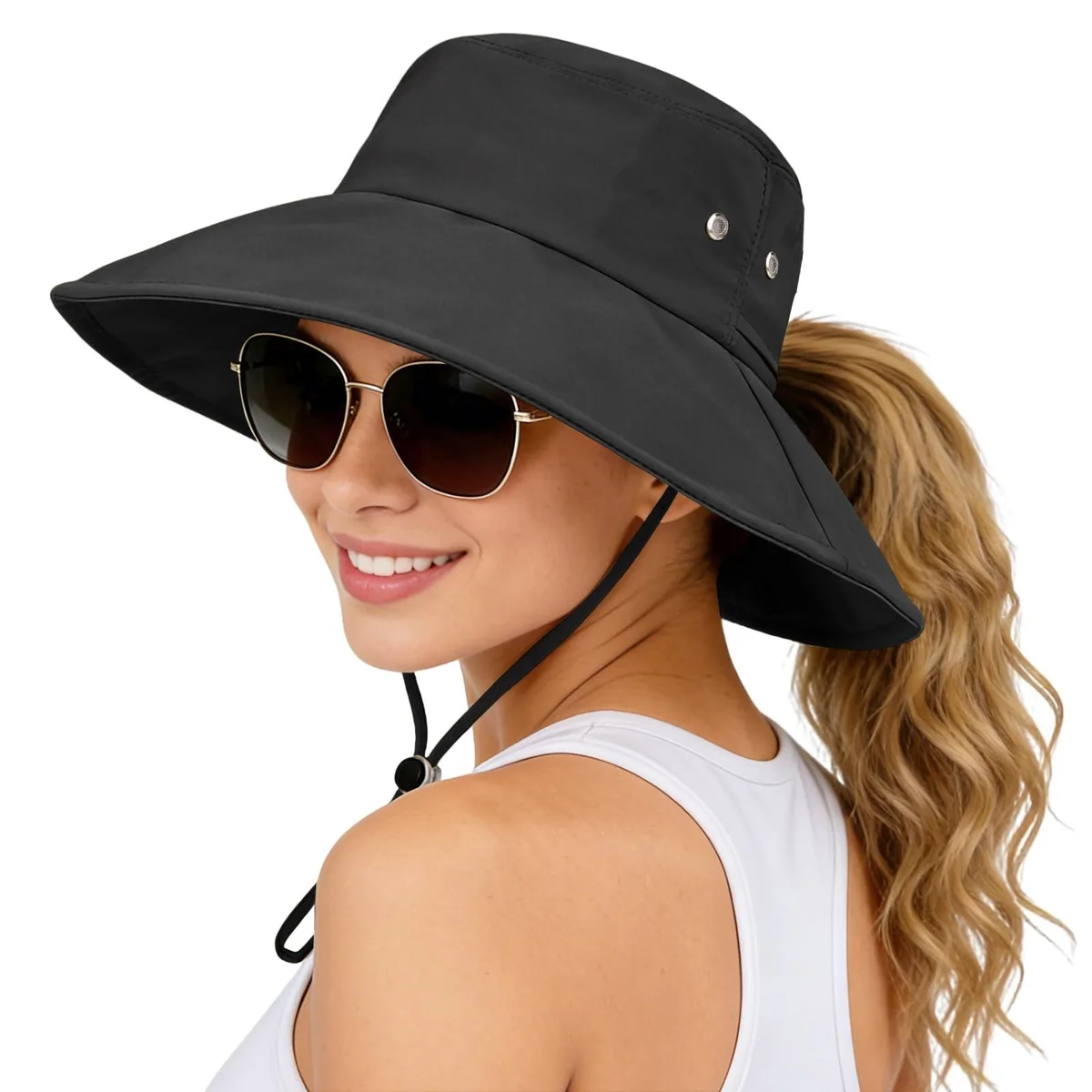 Sun Hats Wide Brim Bucket Hat Ponytail UPF 50+ Packable Black — product photo