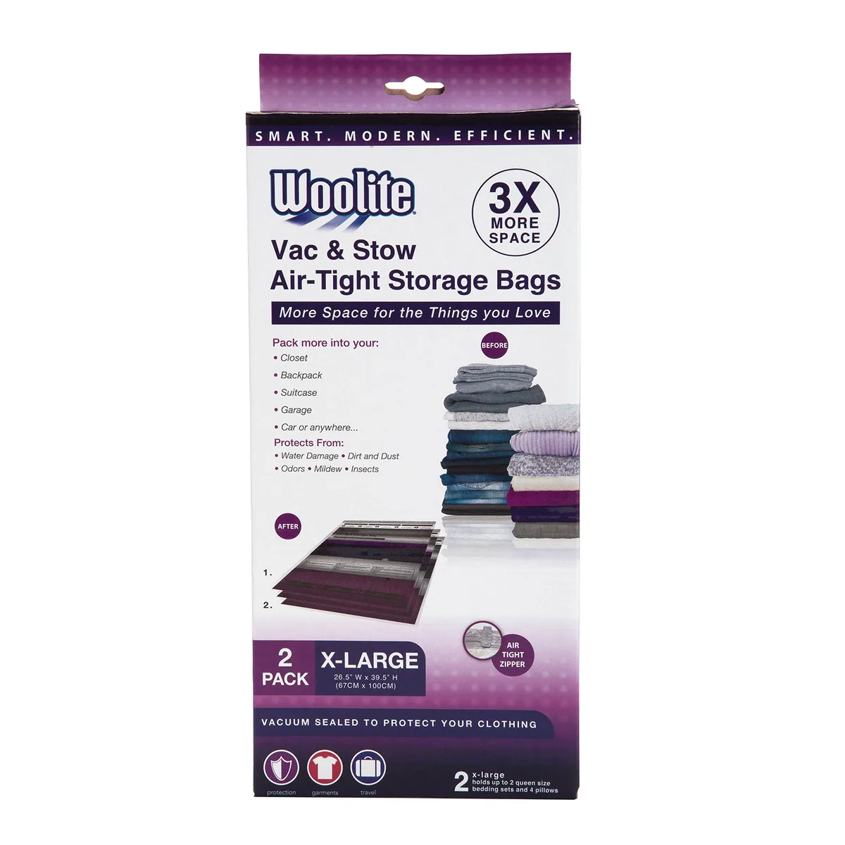 Two clear rectangular vacuum storage bags with zip closures and valve ports, flat and stacked