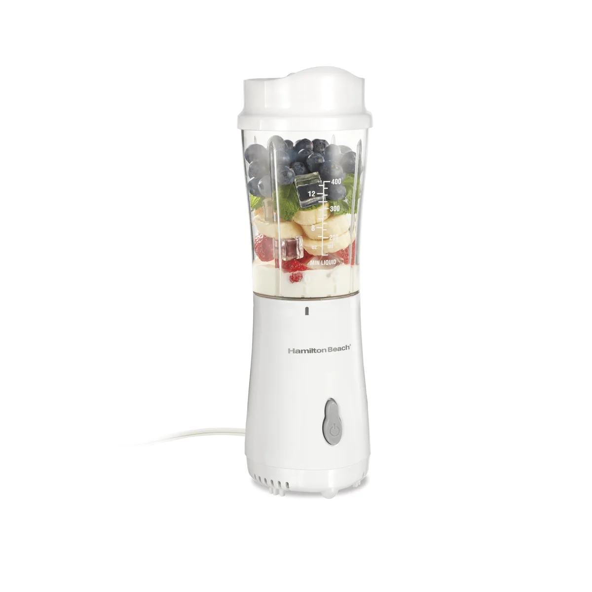 White compact personal blender with 14 oz travel cup and lid